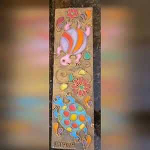 Hand Crafted Colorful Primitive Wood & Twine Art - Two Tortoises 14"×4" Signed